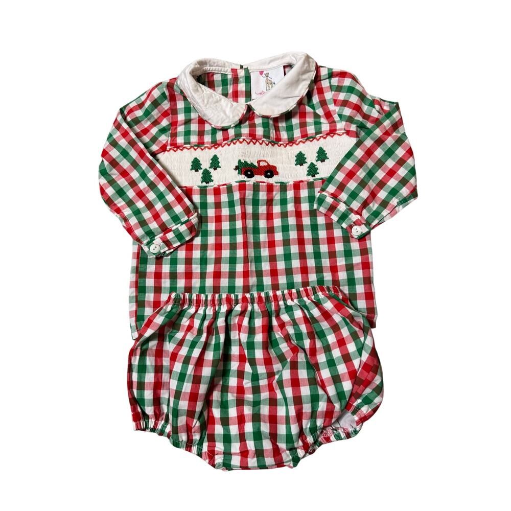 Eliza James Christmas Smocked Gingham Set Red Truck 24M Top Diaper Cover
